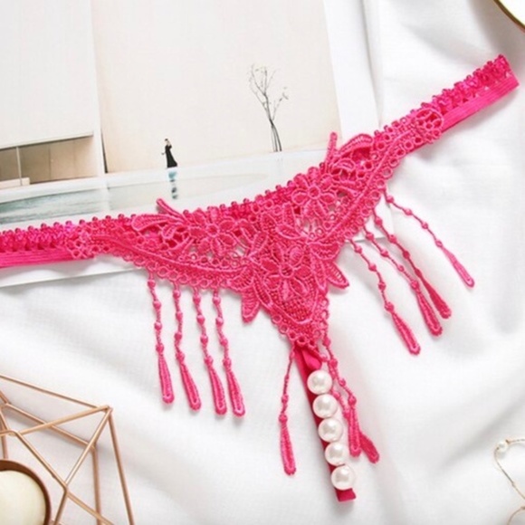 Hot Pink 5 Pearl T Back G String Open crotch Panties with embroidery - Picture 1 of 5